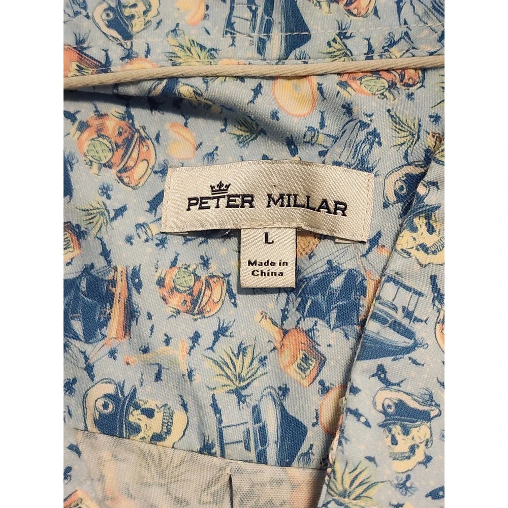 Peter Millar Mens Blue Pirate Nautical Skull Rum Print Short Sleeve Shirt L